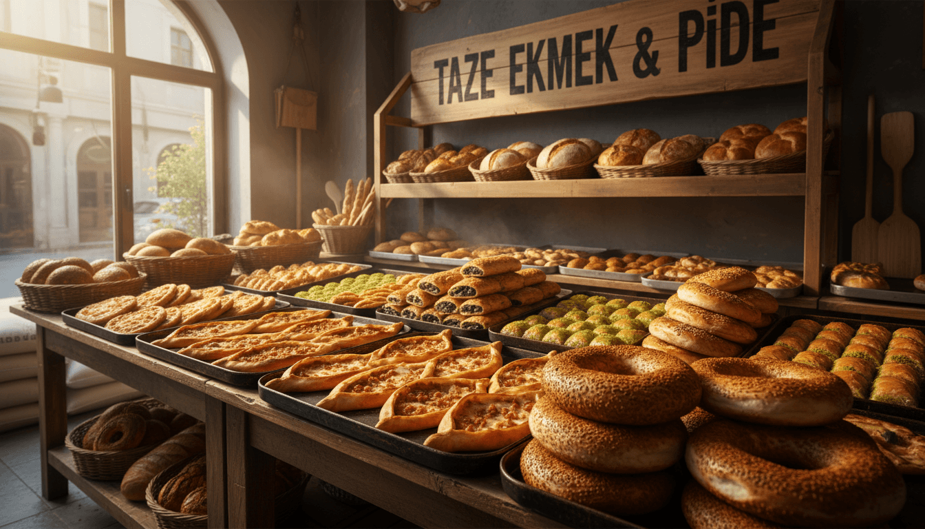 Fresh Turkish breads, simit, and pide displayed in a warm bakery setting